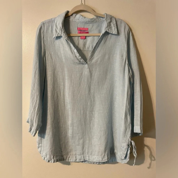 Isaac Mizrahi Light Blue Lightweight 100% Linen Blouse Top Size Large - Picture 1 of 11